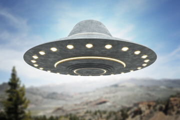 Abstract grey UFO flying on beautiful scene background. Spaceship and aliens concept. 3D Rendering.
