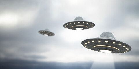 Blurry grey UFO flying in dull sky with mock up place. Spaceship, invasion, mystery and science concept. 3D Rendering.