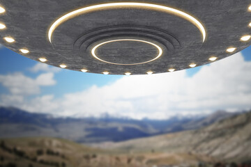 Creative grey UFO flying on beautiful scene background. Spaceship and aliens concept. 3D Rendering.