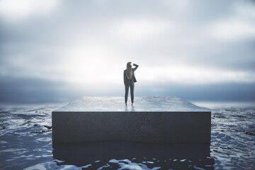 Back view of young businessman standing on pathway in dull sky. Success, tomorrow and future concept.