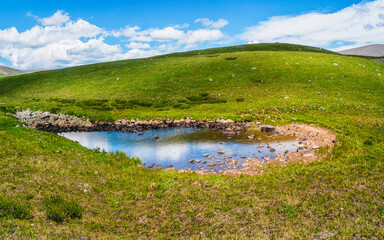 Green swampy plateau and a blue puddle against the background of distant hilly mountains. A panorama of a pure green landscape.