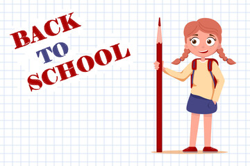 School horizontal banner with inscription Back to school. Paper in cage, cute schoolgirl with backpack. Training, education. Template flyer, advertisement. Cartoon character. Vector illustration