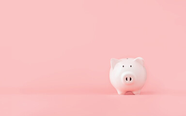 Money saving and investment concept. Piggy bank on pink background with copy space