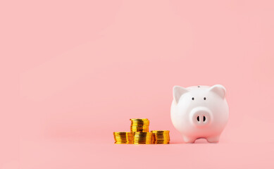 Money saving and investment concept. Piggy bank and coin stack on pink background with copy space