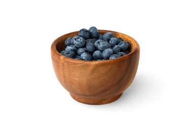 Blueberry in wooden bowl isolated on white background.