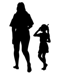 Families with little child walking on street. Isolated silhouettes of people on white background