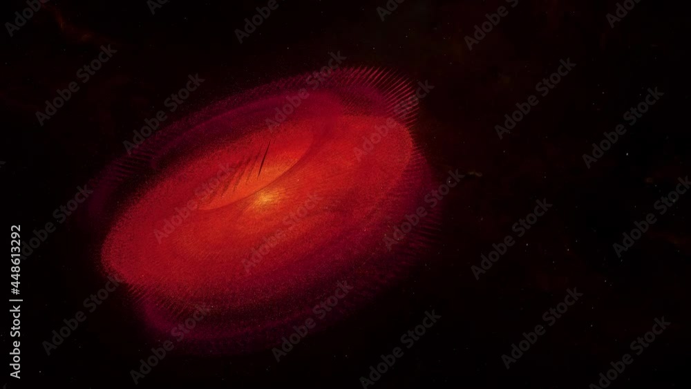Poster abstract glowing red unidentified flying object spinning on night sky. 4k 3d render of art unidentif