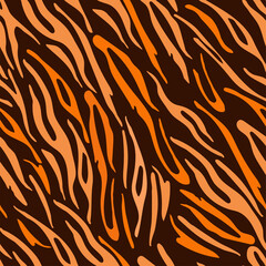 Seamless striped tiger pattern. Orange stripes on a dark background. Vector illustration. Tiger pattern For design, decor, wallpaper, packaging, textiles and decoration
