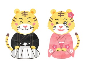 着物を着て挨拶する虎のカップル1