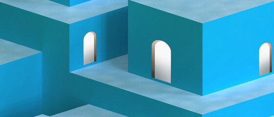 Abstract Background. Gateway to success in different and creative business ideas with geometry shapes on blue. website, banner, Copy Space -3d Rendering