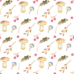 seamless watercolor pattern with mushroom and leaves on white background. Autumn seamless backdrop