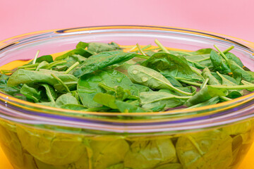 Fresh Baby Spinach Leaves in the Water in Glass Bowl on Yellow Background. Vegan and Vegetarian Culture. Raw Food, Green Leaves. Healthy Diet
