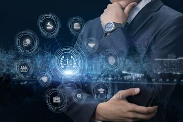 Lawyer thinks and looks at virtual computer screen .