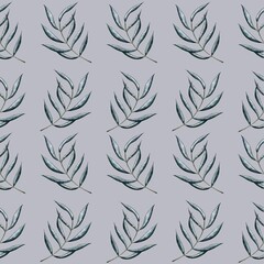 Seamless pattern, green leaves on grey background