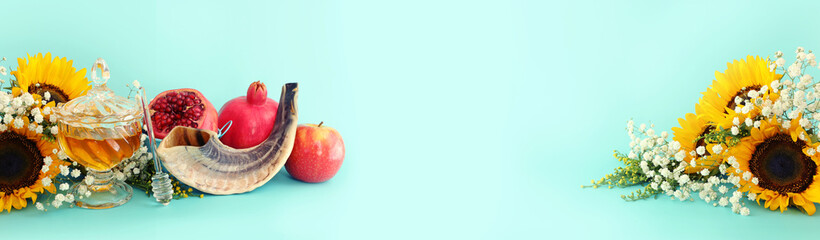 religion image of Rosh hashanah (jewish New Year holiday) concept. Traditional symbols