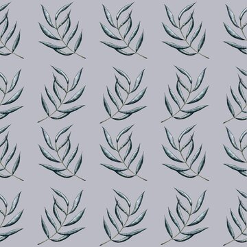 Seamless pattern, green leaves on grey background