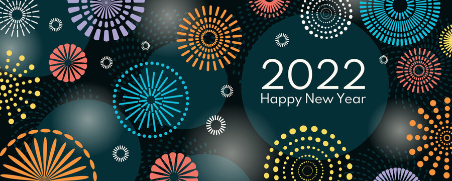 Colorful fireworks 2022 Happy New Year, bright on dark background, with text. Flat style vector illustration. Abstract geometric design. Concept for holiday greeting card, poster, banner, flyer.