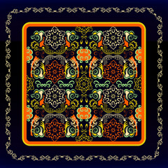 Vector abstract ethnic pattern with an ornament of doodle curls of different colors on a dark background for textile design of a scarf, hijab, tablecloth, tiles, napkins