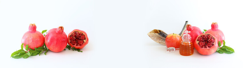 religion image of Rosh hashanah (jewish New Year holiday) concept. Traditional symbols isolated on white background