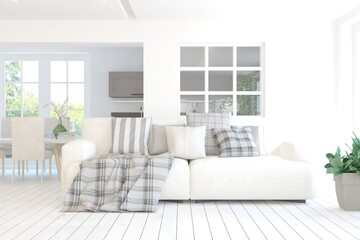 White living room with sofa. Scandinavian interior design. 3D illustration