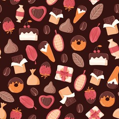 Seamless pattern of chocolate products on a dark background. Ideal for wrapping paper, postcards, business cards. Vector illustration.