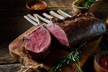 Delicious rack of lamb served on cutting board