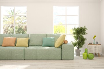 White living room with sofa. Scandinavian interior design. 3D illustration