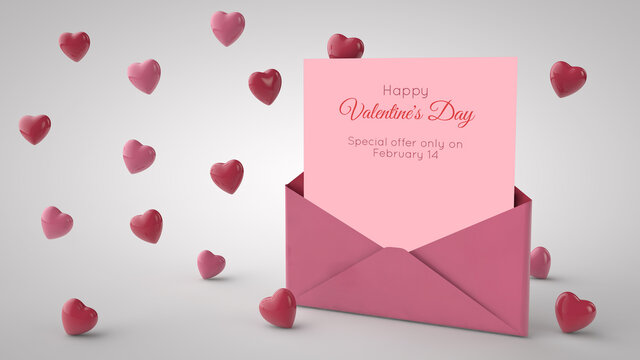 Letter Envelope Red Hearts 3D Illustration Valentines Day Mockup