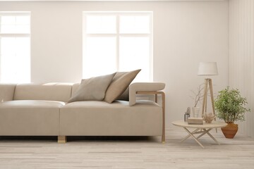 White living room with sofa. Scandinavian interior design. 3D illustration