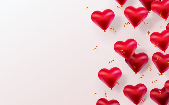 Happy Valentines Day Background With Flying Glossy Hearts Balloons_5