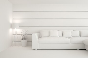 Mock up of stylish room in white color with sofa. Scandinavian interior design. 3D illustration