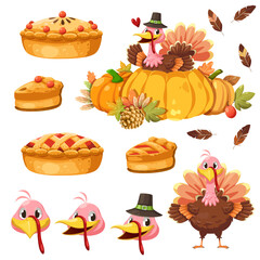 Happy Thanksgiving Day Icon With Turkey Pumpkin Pie