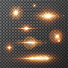 Light effects, star burst with sparkles isolated on transparent background. Sun flash rays or gold spotlight. Glow magic flare set