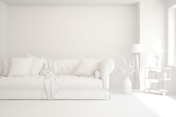 White minimalist living room with sofa. Scandinavian interior design. 3D illustration