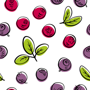 Seamless pattern with wild berries in colorful line sketchy style isolated on white background. Doodle hand drawn vector illustration