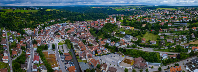 Fototapeta na wymiar Aerial view of the old town of the city Altensteig in Germany. On a cloudy spring day.