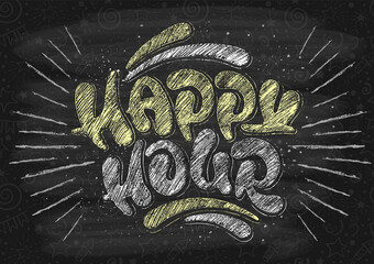 Happy Hour. Poster template with unusual hand drawn chalk calligraphy lettering for catering establishments advertisement. Black blackboard on background. Vector illustration.
