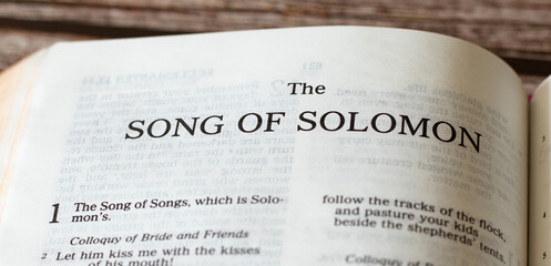 Song of Solomon (Song of songs), Old Testament Scripture. Closeup of open Holy Bible book on wooden...