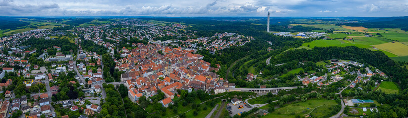 Fototapeta na wymiar Aerial view of the old part of the city Rottweil in Germany. On a cloudy day in Spring.
