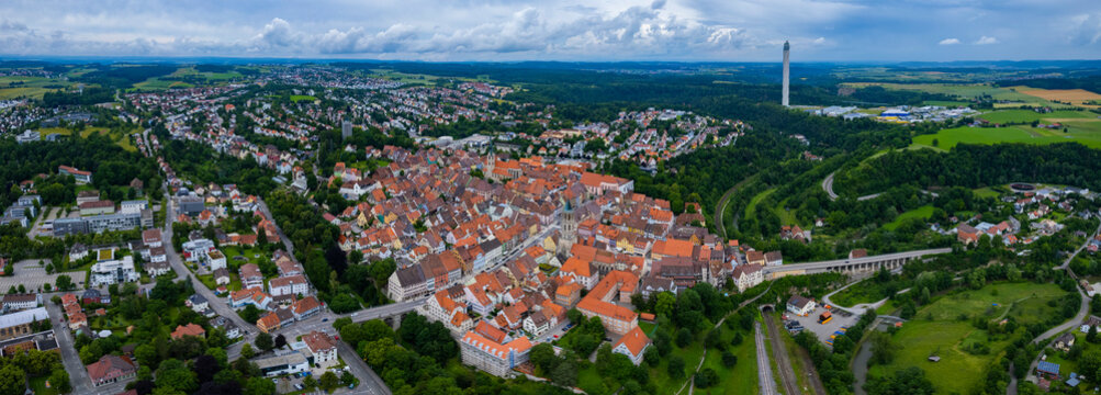 Aerial view of the old part of the city Rottweil in Germany. On a cloudy day in Spring.