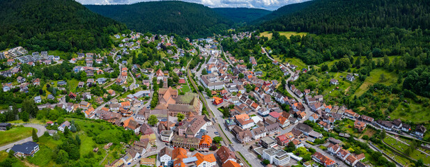 Aerial view around the city Alpirsbach in Germany. On sunny day in spring