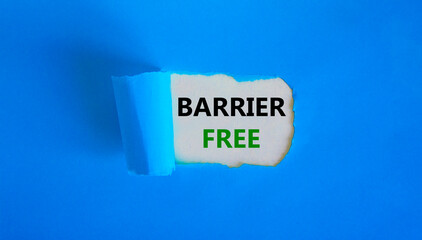 Barrier free symbol. Words 'Barrier free' appearing behind torn blue paper. Beautiful blue background. Business, diversity, inclusion, belonging and barrier free concept, copy space.