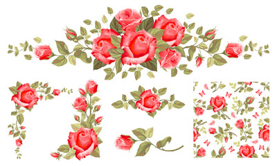Set of vintage floral design elements with red roses, buds, leaves. Seamless pattern, corner compositions, gorgeous vignette. Vector illustration.