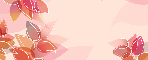abstract plant leaves with white outline, abstract floral nature background art with minimal flower pattern on pink orange  and yellow colors