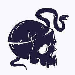 Skull with snake for skeleton design. Halloween undead and walking dead. Fear, horror and spooky zombie element for design dark party of happy halloween