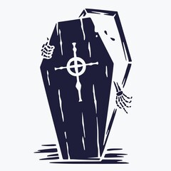 Halloween coffin of skeleton or vampire. Halloween undead and walking dead. Fear, horror and spooky zombie for design dark party of happy halloween