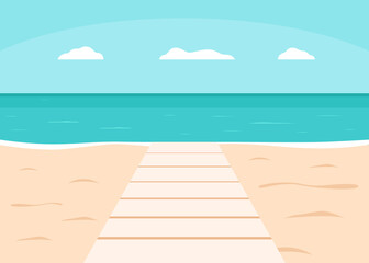 Fototapeta premium Boardwalk or walkway on sea and beach for vacation. Summer outdoor deck, pier. Seashore and beach with sand coast. Wooden path to water. Vector illustration
