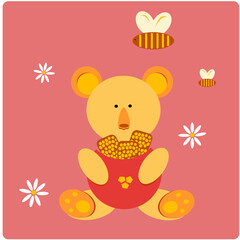 Vector illustration of a cute bear. Teddy bear with honey in its paws. Teddy. Bees over the bear. Chamomile. Bear postcard with bees and honey.