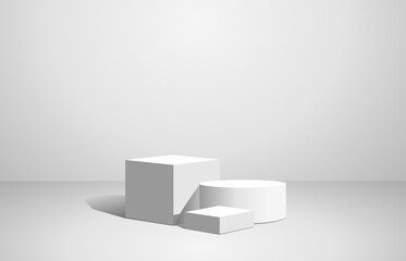 Podium cube and cylindrical geometry shape stand scene and winner pedestal in studio on gray or white background.vector illustration.