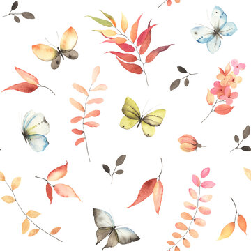 Floral seamless pattern with flying butterflies, colorful leaves and flowers, autumn watercolor print isolated on white background, wildlife illustration.